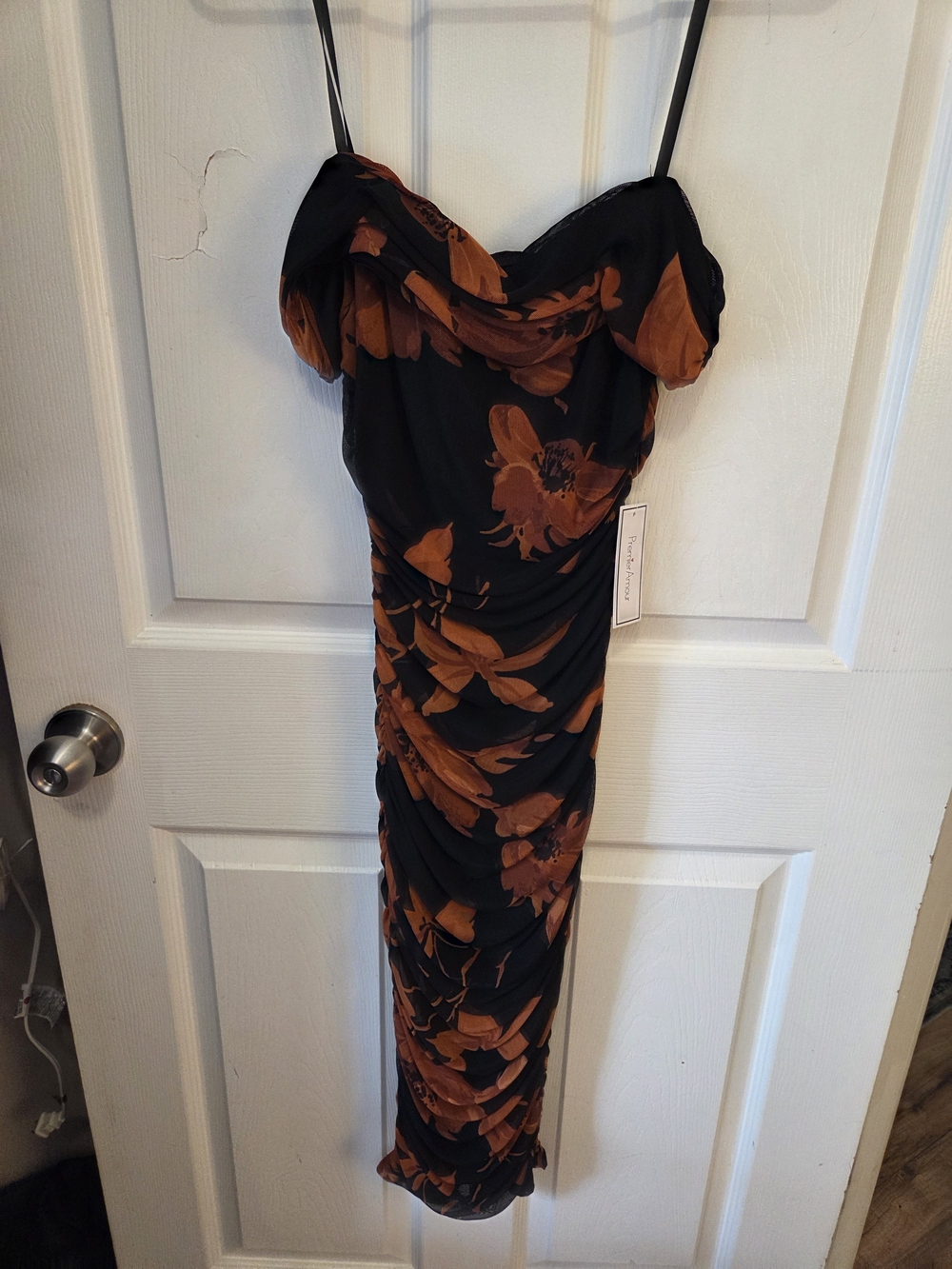 Elegant Black Midi Slip Dress with Rust Floral Print